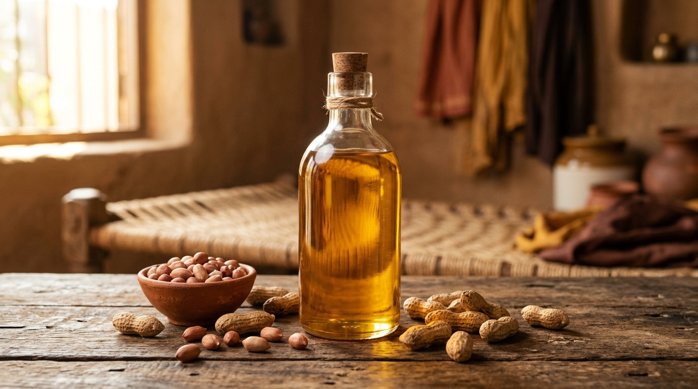 Golden groundnut oil bottle with peanuts on a rustic wooden table